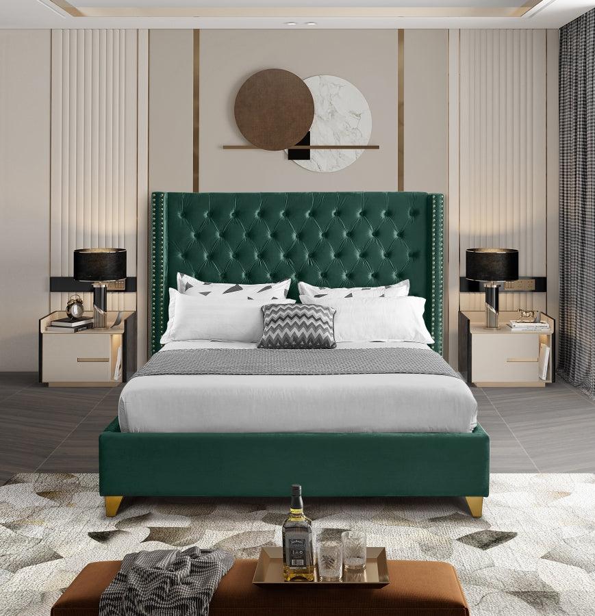 Meridian Furniture - Barolo Velvet Queen Bed In Green - Barologreen-Q - ATL FURNITURE