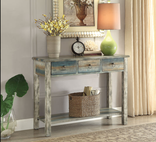 Glancio Antique White & Teal Console Table - ATL FURNITURE