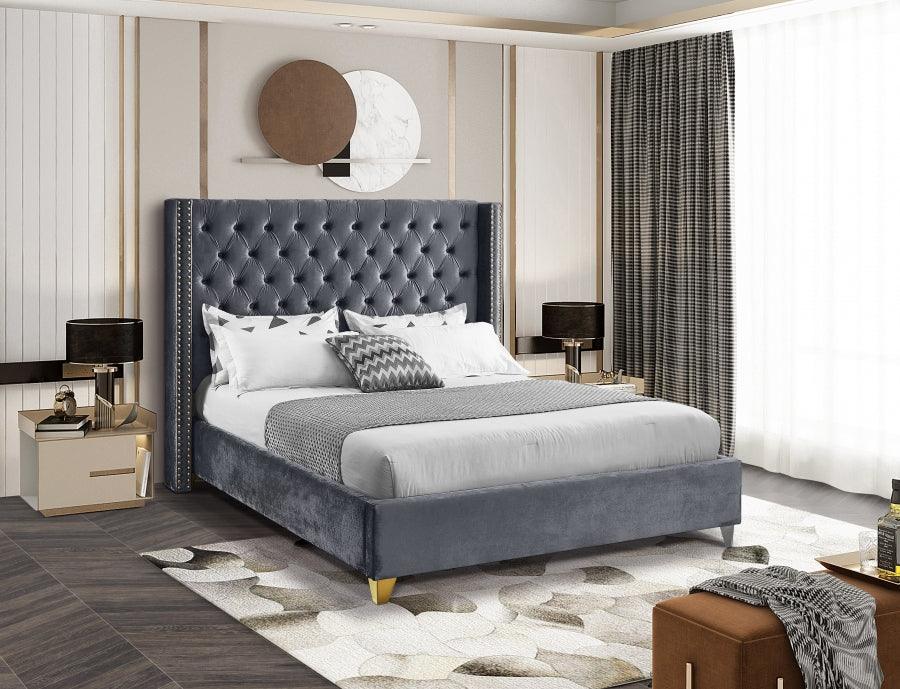 Meridian Furniture - Barolo Velvet Queen Bed In Grey - Barologrey-Q - ATL FURNITURE