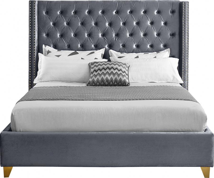 Meridian Furniture - Barolo Velvet Queen Bed In Grey - Barologrey-Q - ATL FURNITURE