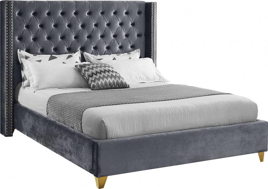 Meridian Furniture - Barolo Velvet Queen Bed In Grey - Barologrey-Q - ATL FURNITURE