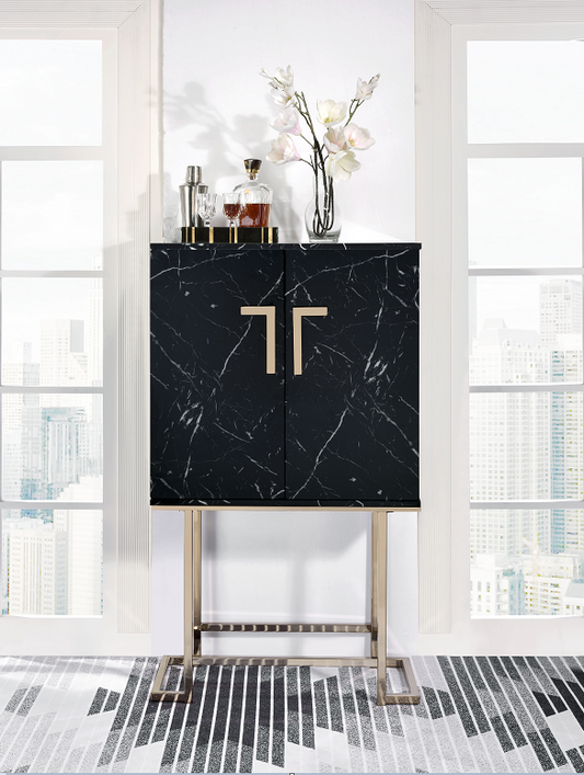 Hendrix Black Faux Marble & Champagne Wine Cabinet - ATL FURNITURE