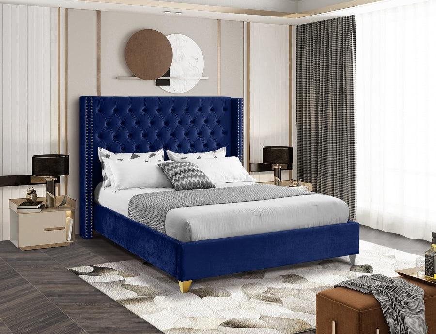 Meridian Furniture - Barolo Velvet Queen Bed In Navy - Barolonavy-Q - ATL FURNITURE