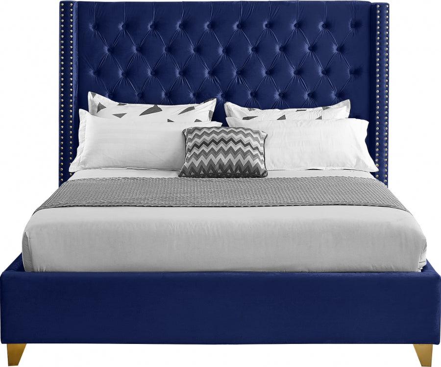 Meridian Furniture - Barolo Velvet Queen Bed In Navy - Barolonavy-Q - ATL FURNITURE
