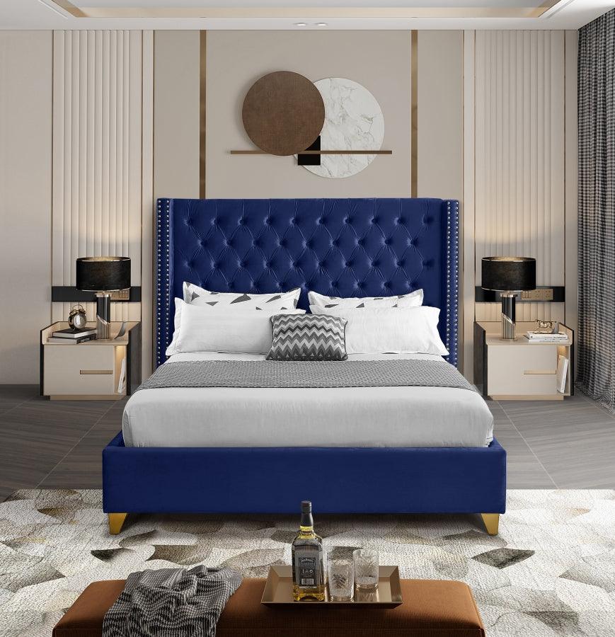 Meridian Furniture - Barolo Velvet Queen Bed In Navy - Barolonavy-Q - ATL FURNITURE