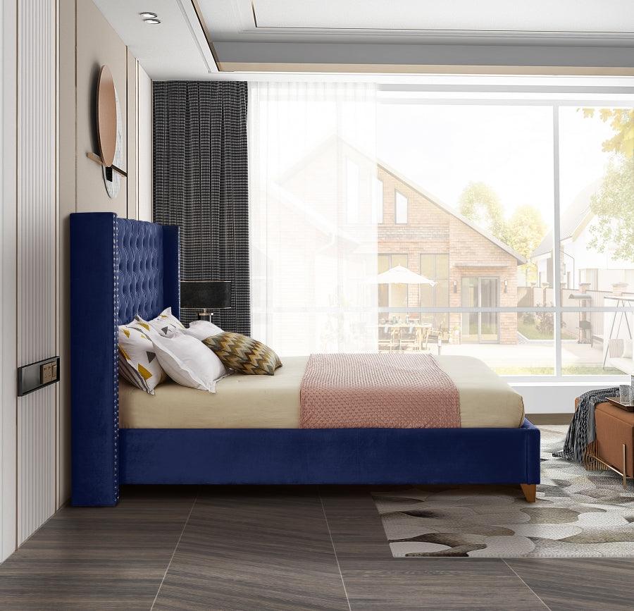 Meridian Furniture - Barolo Velvet Queen Bed In Navy - Barolonavy-Q - ATL FURNITURE