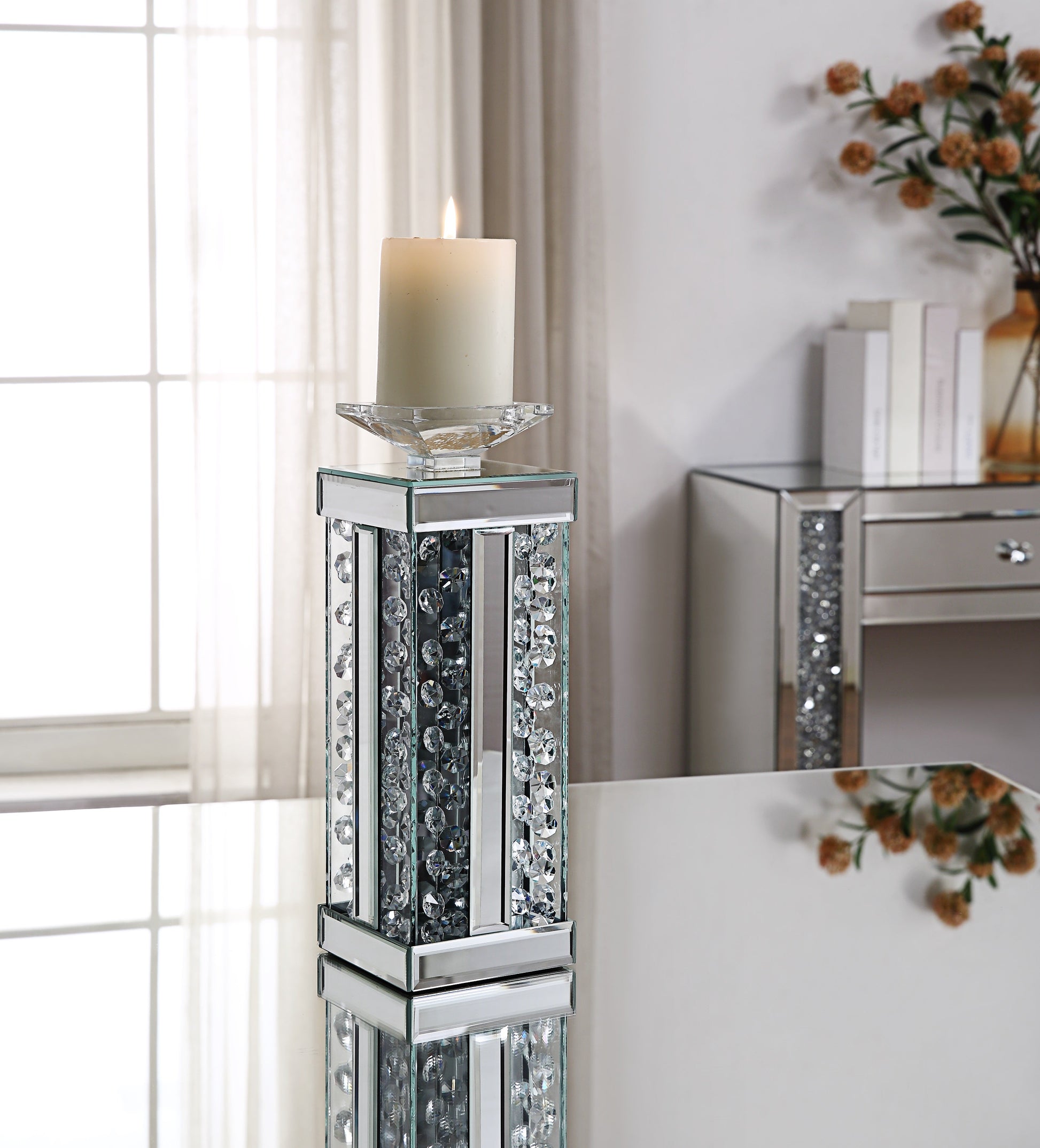 Nysa Mirrored & Faux Crystals Accent Candleholder - ATL FURNITURE