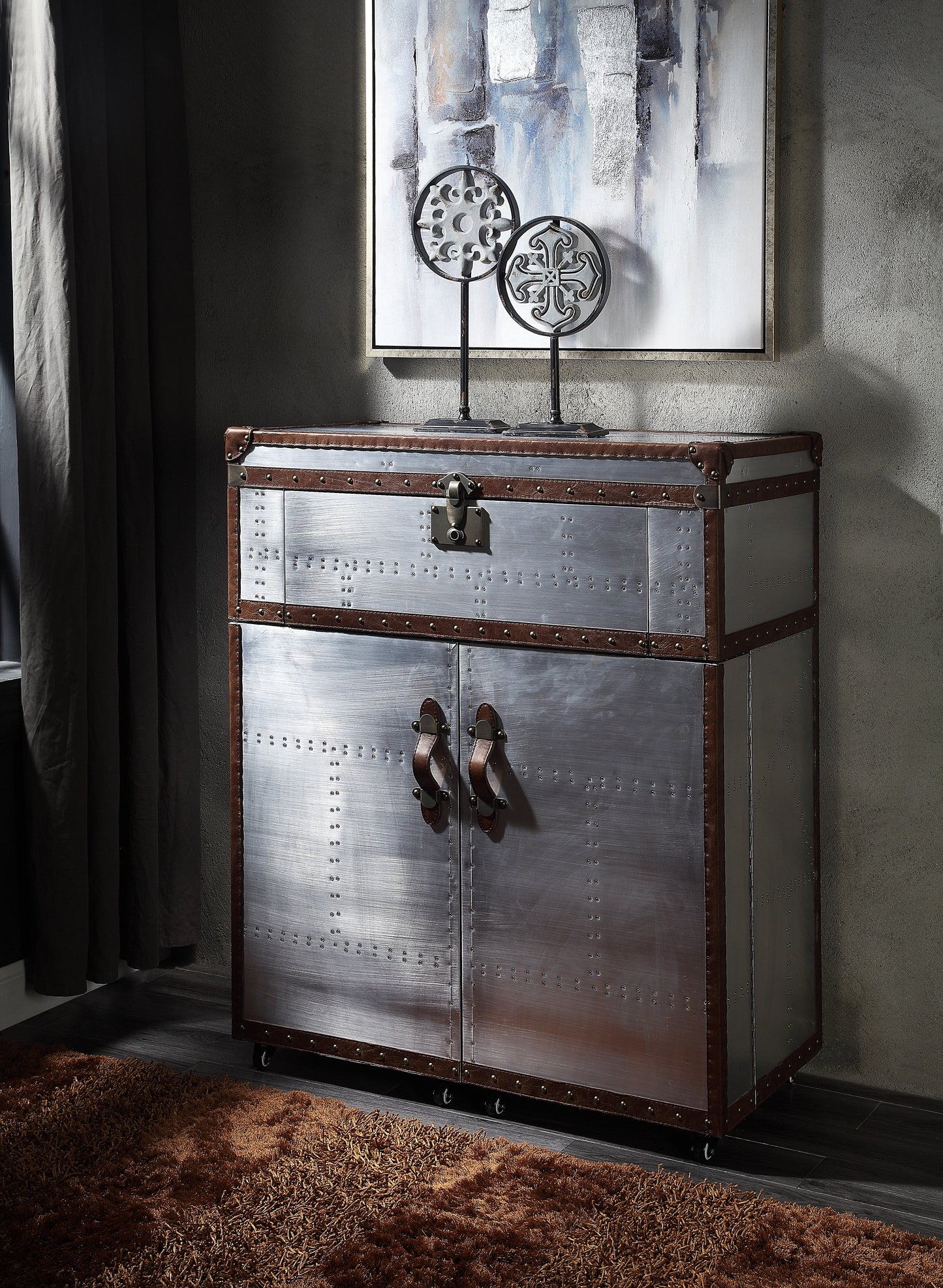 Brancaster Retro Brown Top Grain Leather & Aluminum Console Table - ATL FURNITURE