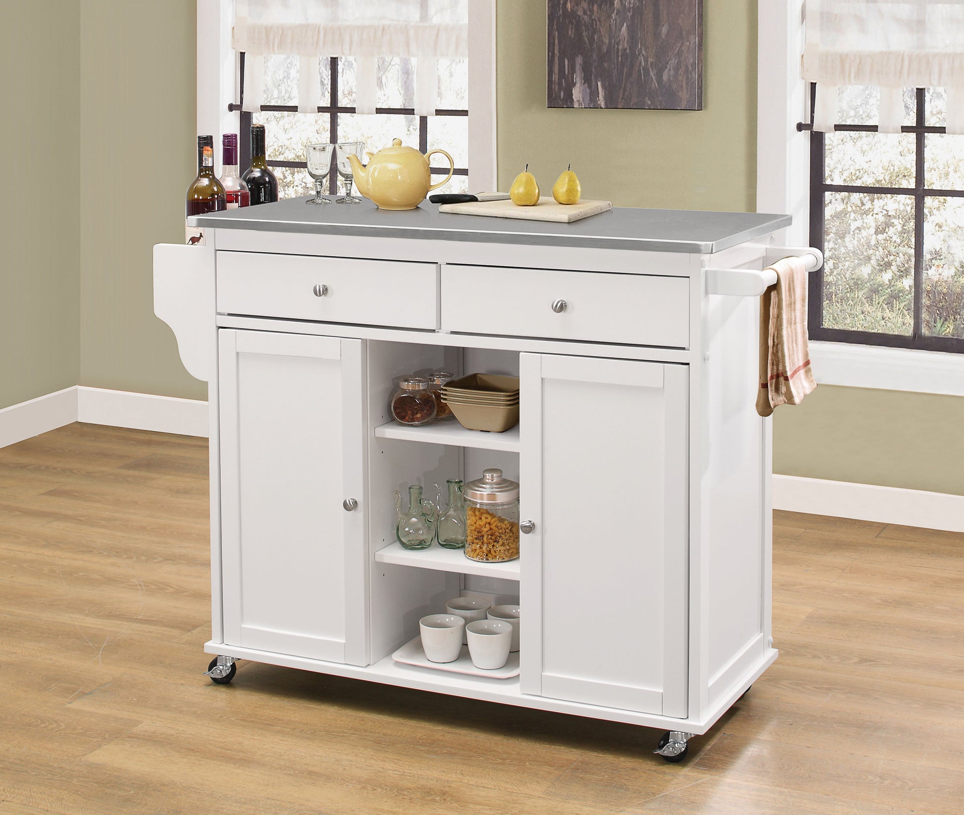 Tullarick Stainless Steel & White Kitchen Cart - ATL FURNITURE