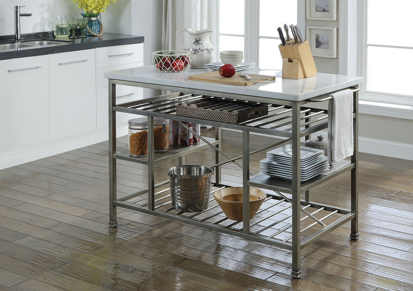 Lanzo Marble & Antique Pewter Kitchen Island (Counter) - ATL FURNITURE