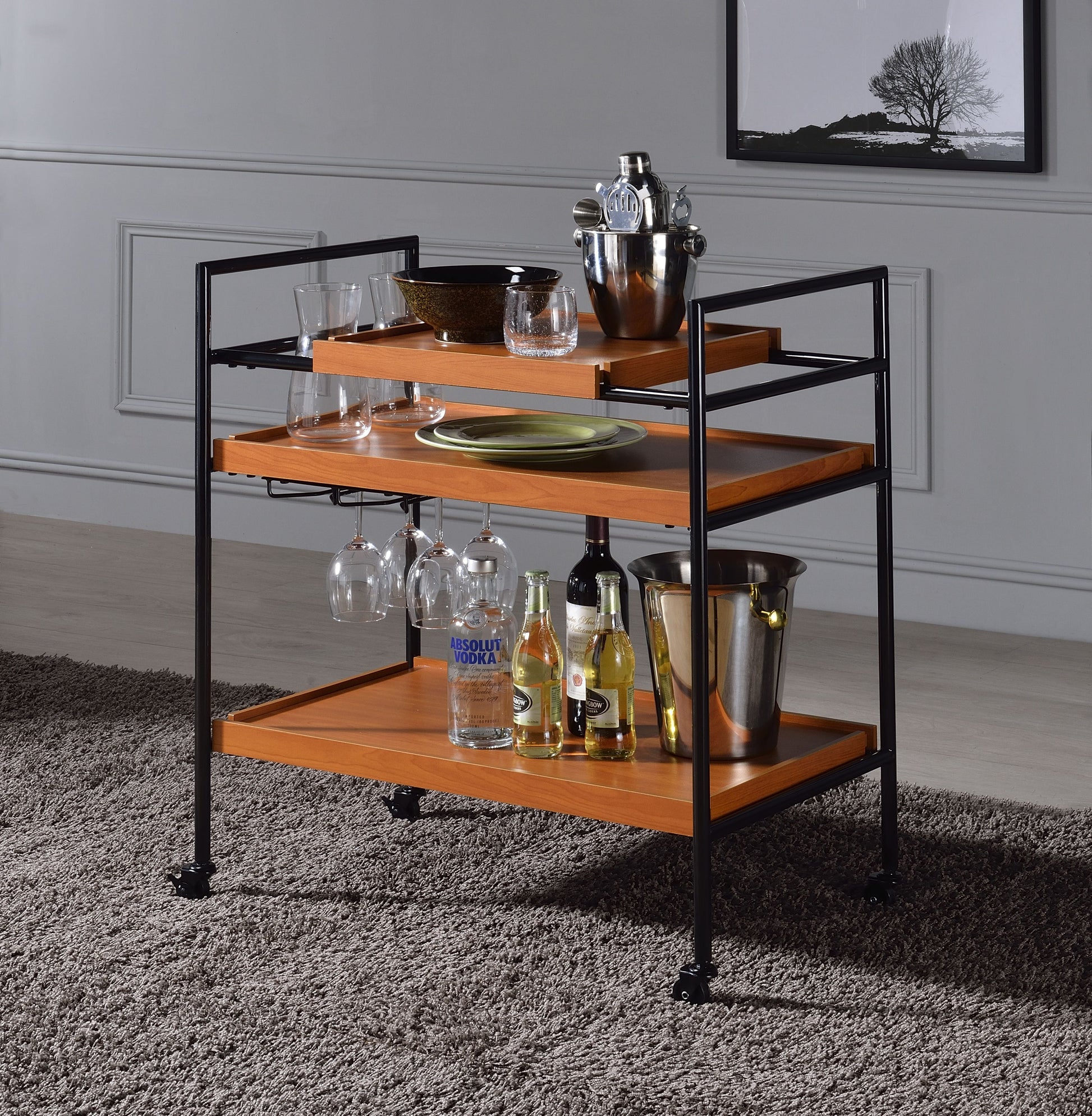 Oaken Honey Oak & Black Serving Cart - ATL FURNITURE