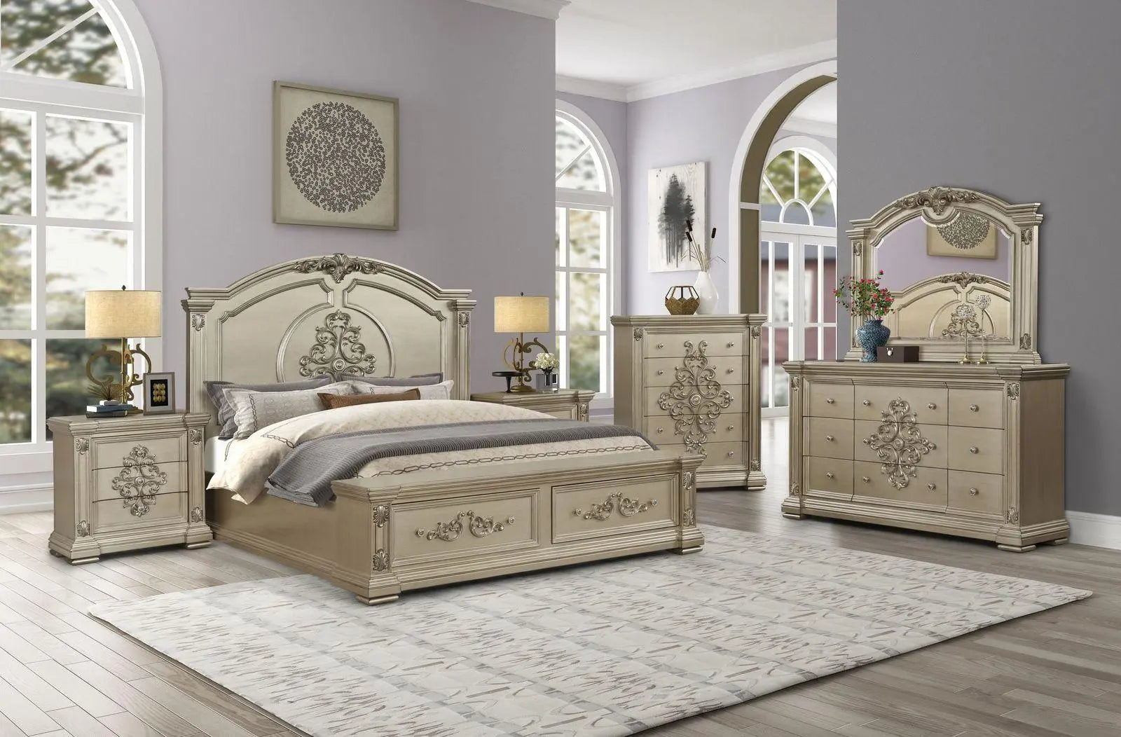 Alicia 6Pc Transitional Bedroom Set in Metallic Beige Finish by Cosmos Furniture - ATL FURNITURE