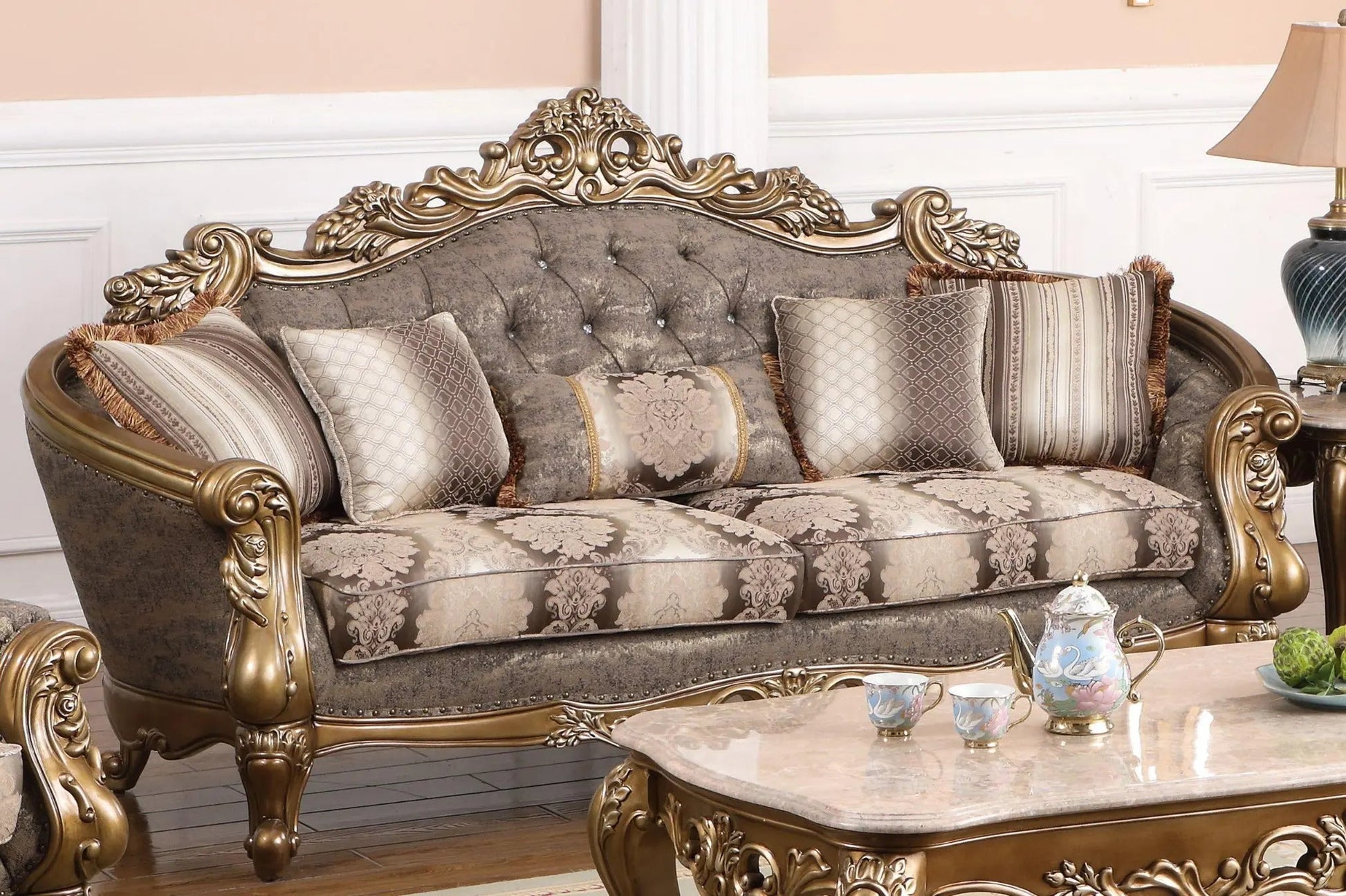 Amelia Traditional Sofa and Loveseat in Bronze Wood Finish by Cosmos Furniture - ATL FURNITURE