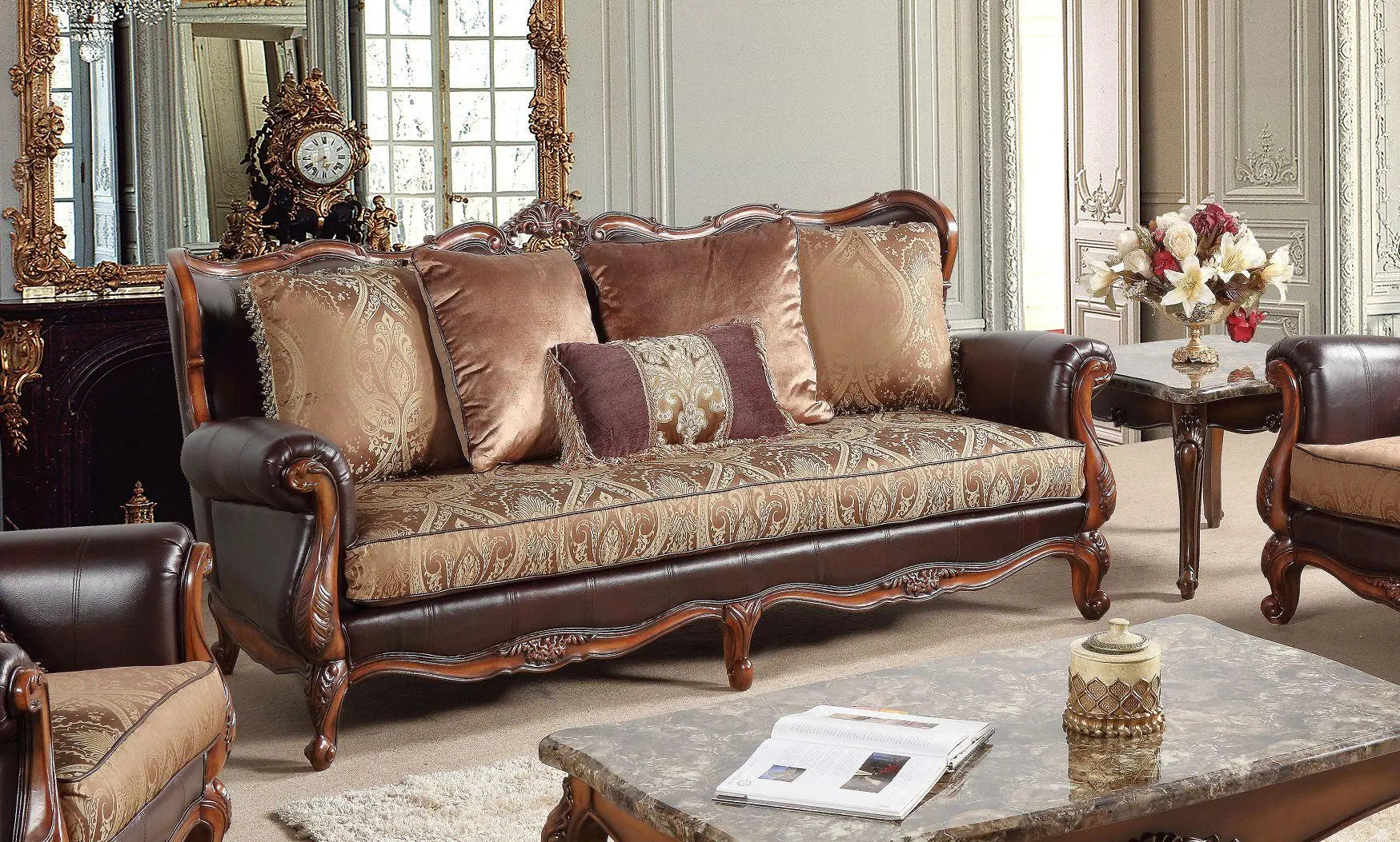 Anne Traditional Sofa and Loveseat in Cherry Wood Finish by Cosmos Furniture - ATL FURNITURE