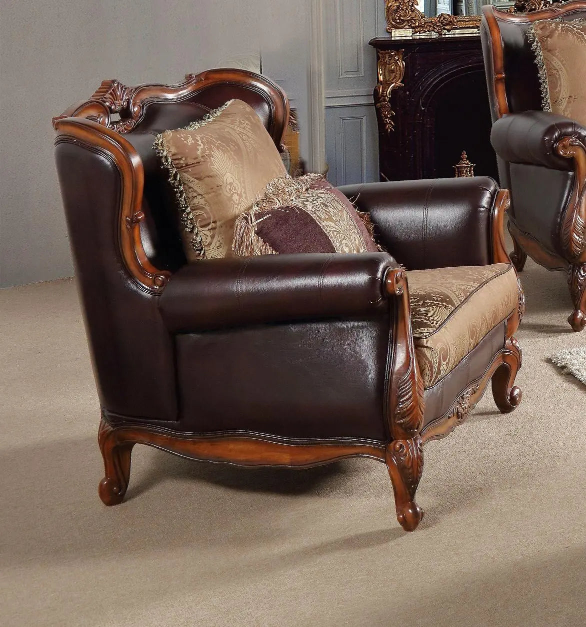 Anne Traditional Sofa and Loveseat in Cherry Wood Finish by Cosmos Furniture - ATL FURNITURE