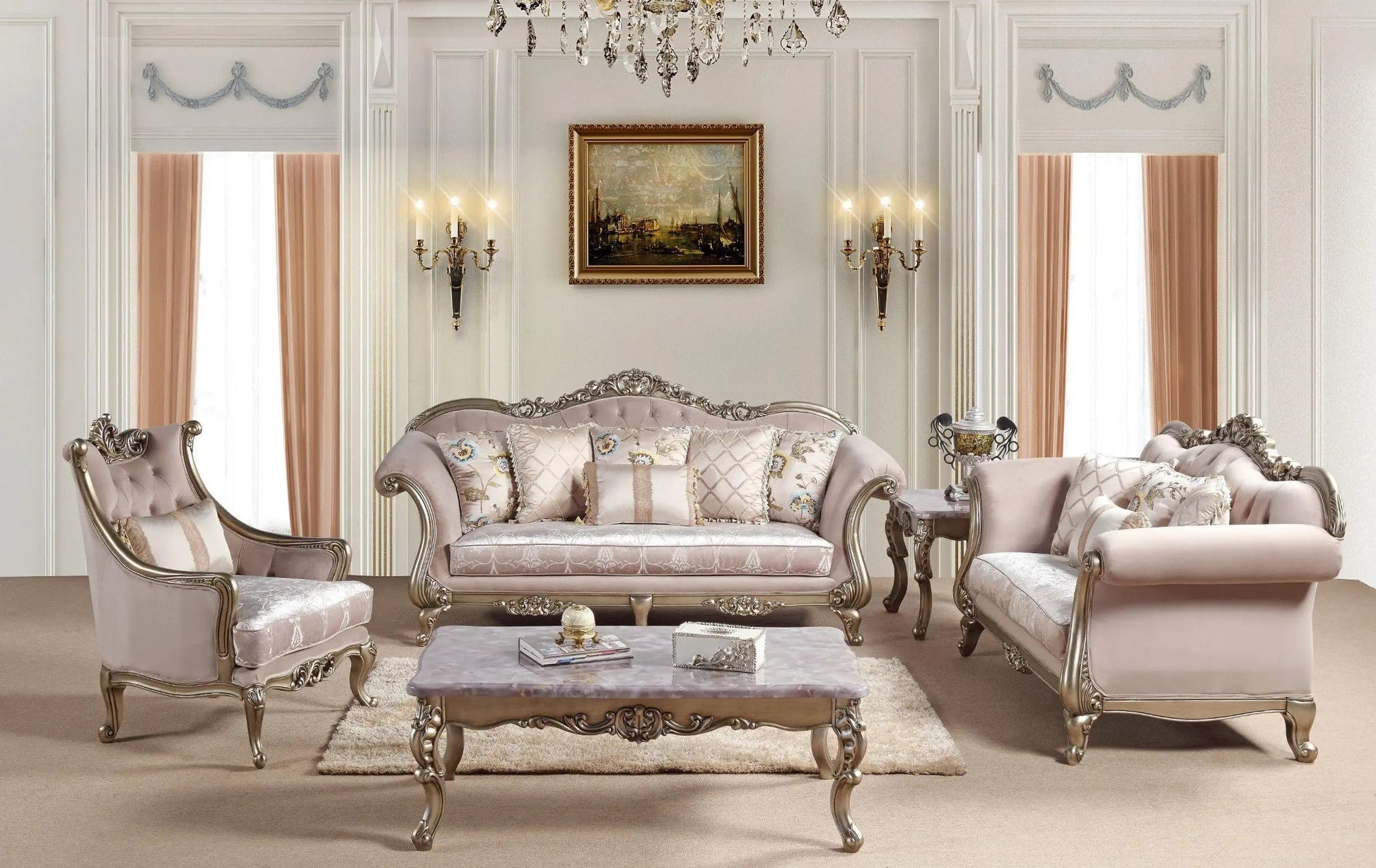 Ariana Traditional Sofa and Loveseat in Champagne Wood Finish by Cosmos Furniture - ATL FURNITURE