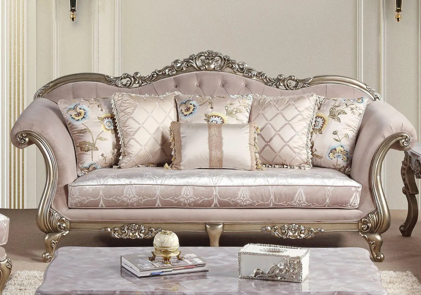 Ariana Traditional Sofa and Loveseat in Champagne Wood Finish by Cosmos Furniture - ATL FURNITURE