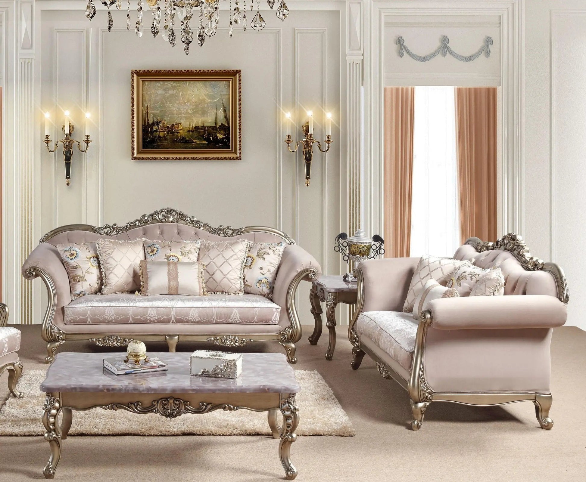 Ariana Traditional Sofa and Loveseat in Champagne Wood Finish by Cosmos Furniture - ATL FURNITURE