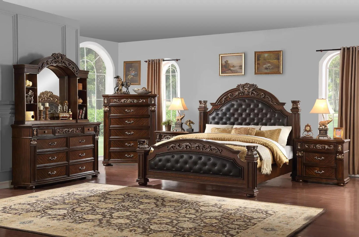 Aspen 6Pc Traditional Bedroom Set in Cherry Finish by Cosmos Furniture - ATL FURNITURE