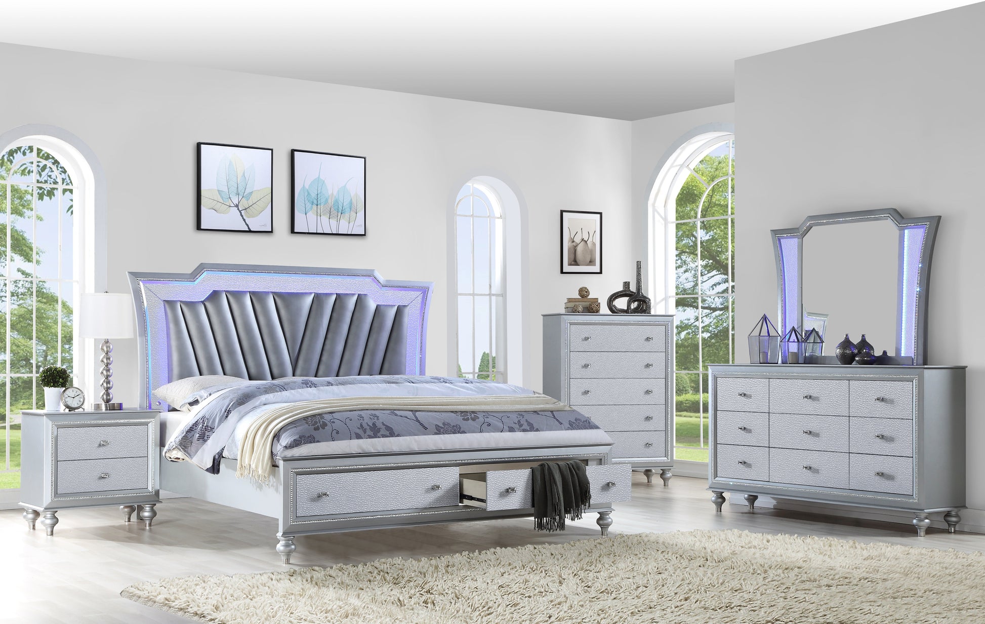 Silver LED Bedroom with Footboard Drawers - ATL FURNITURE
