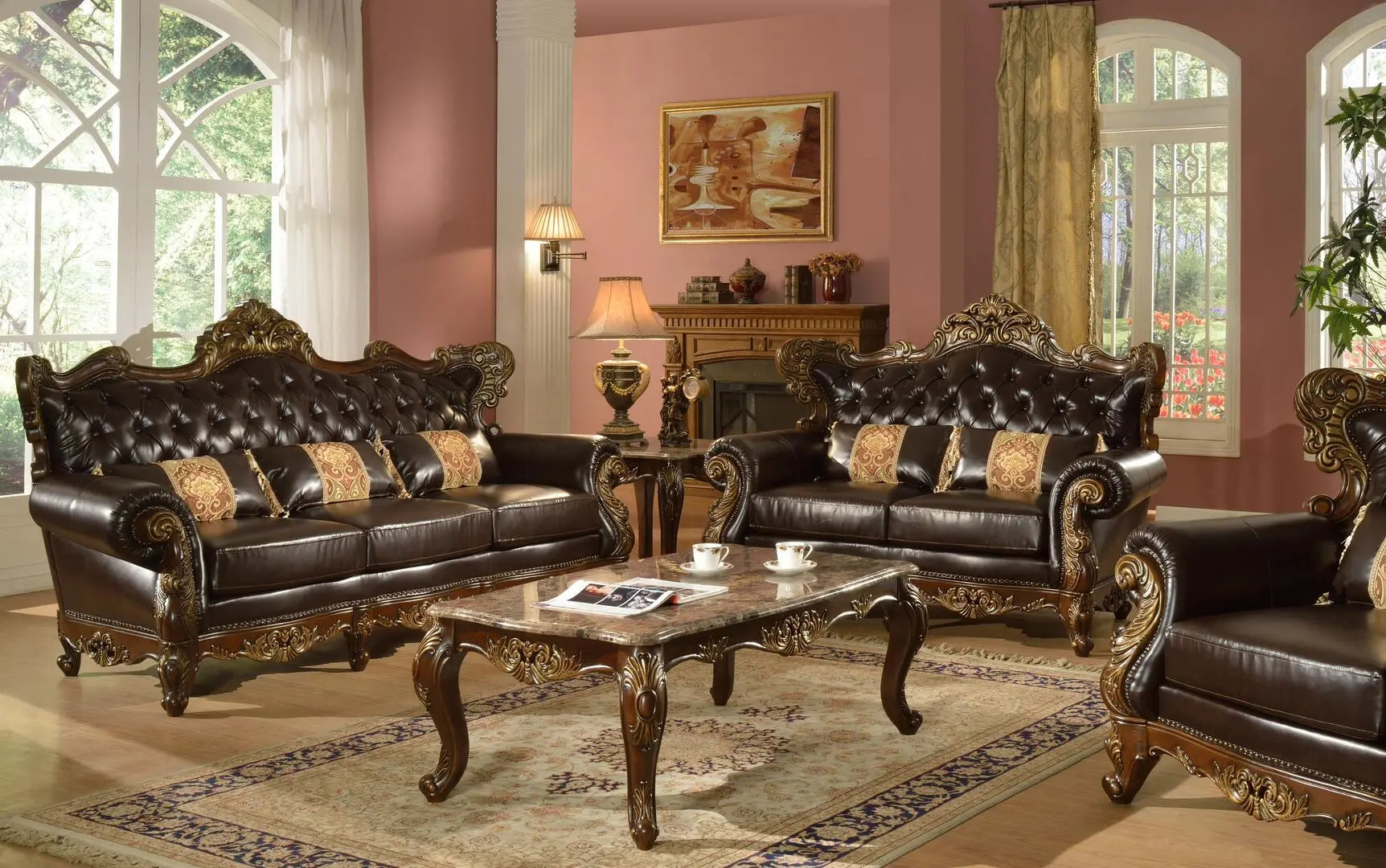 Britney Traditional Sofa and Loveseat in Cherry Wood Finish by Cosmos Furniture - ATL FURNITURE