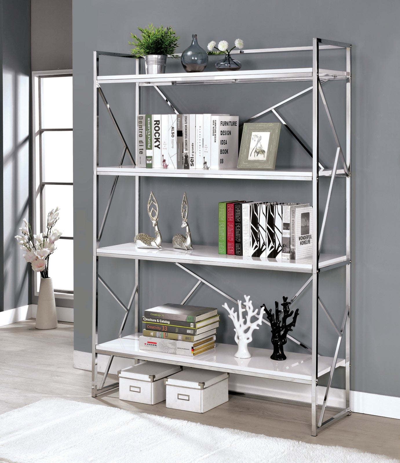 Gustav White/Chrome Bookcase - ATL FURNITURE