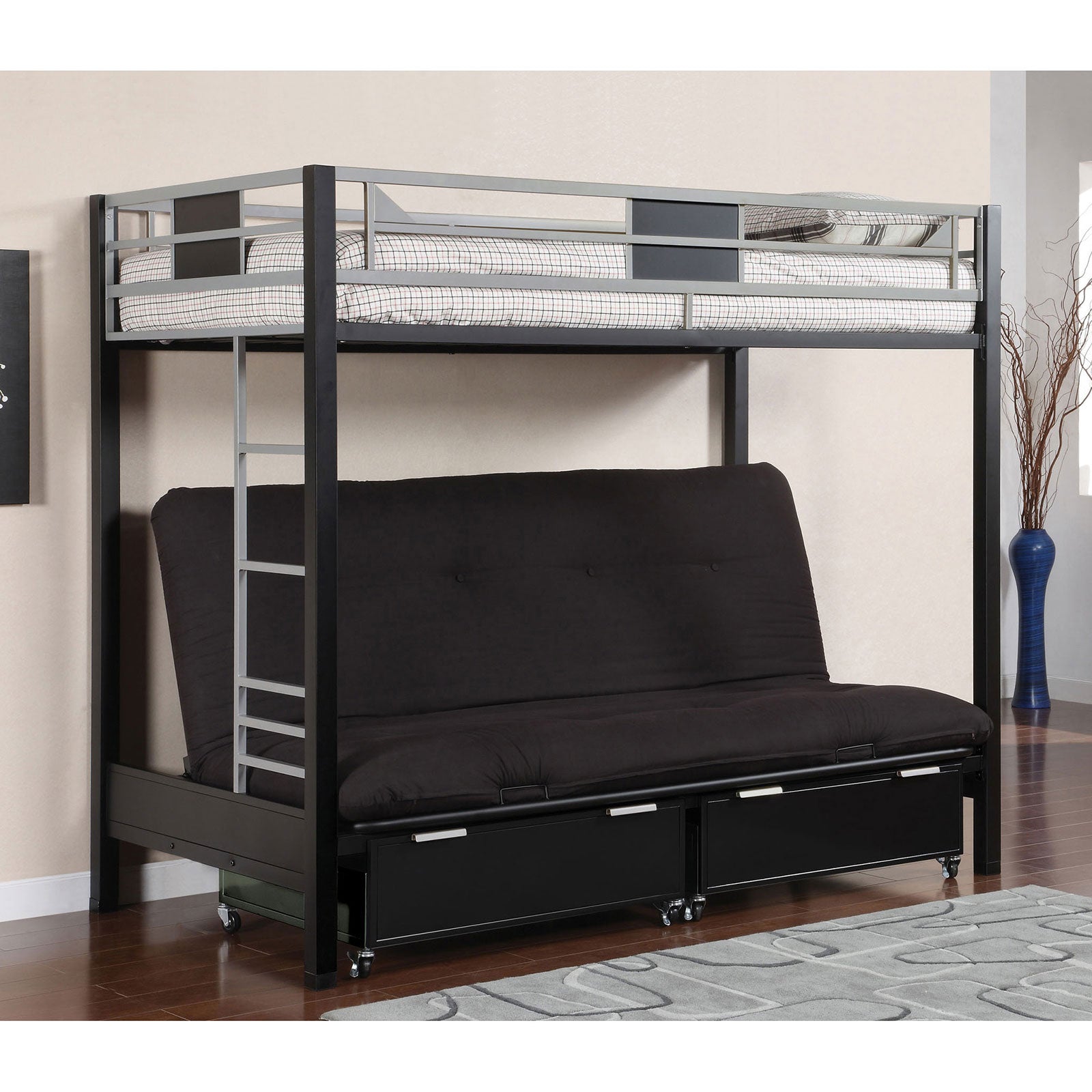 Clifton Silver/Gun Metal Twin Size Loft Bed w/ Futon Base - ATL FURNITURE