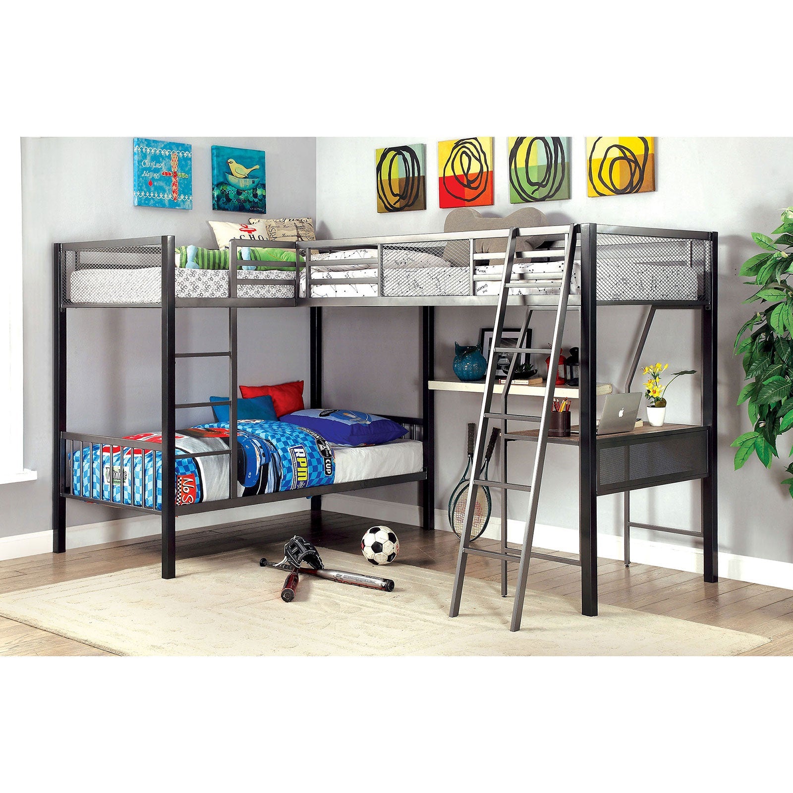 BALLARAT Silver Triple Twin Bunk Bed w/ Desk - ATL FURNITURE