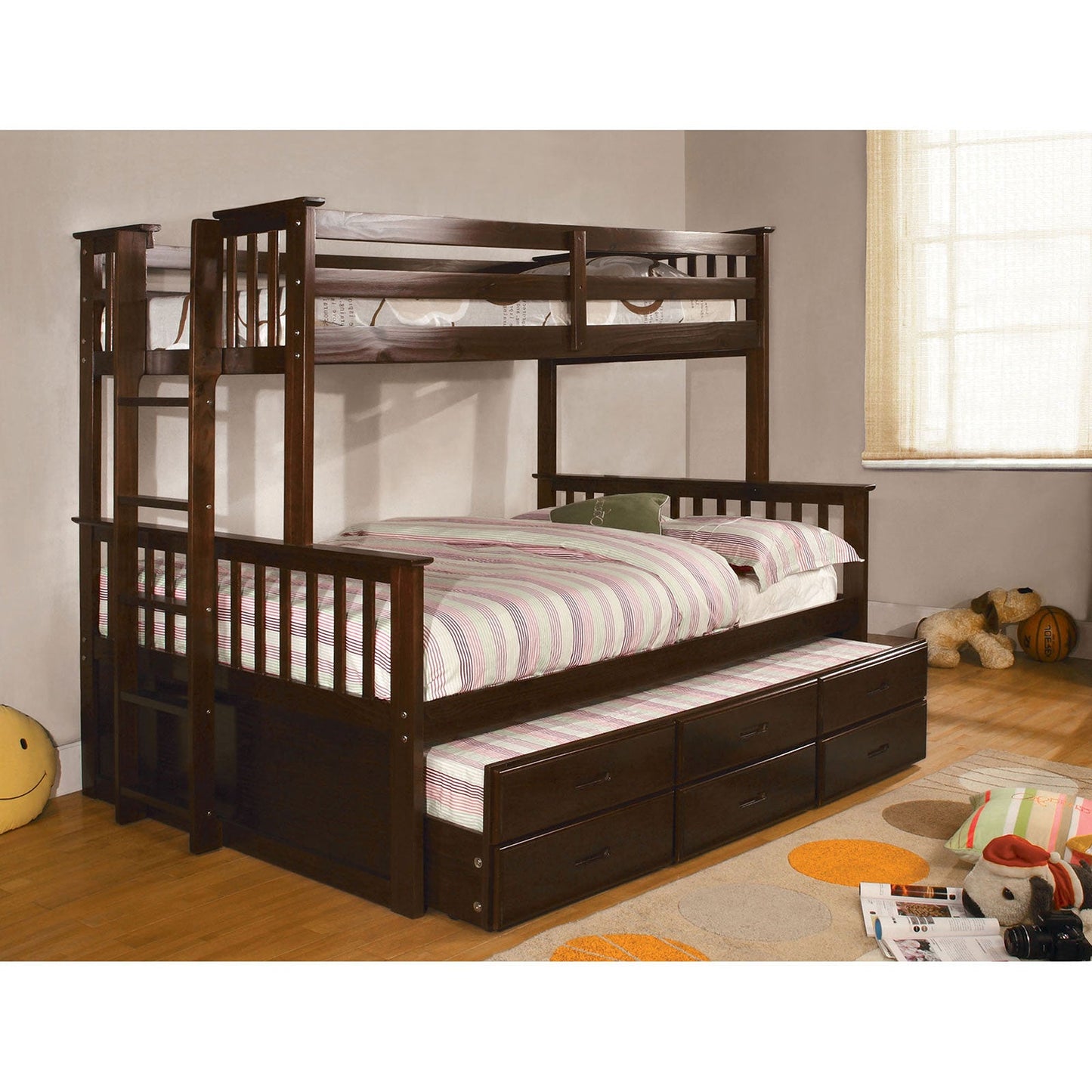 University I Dark Walnut Twin/Full Bunk Bed + Trundle - ATL FURNITURE