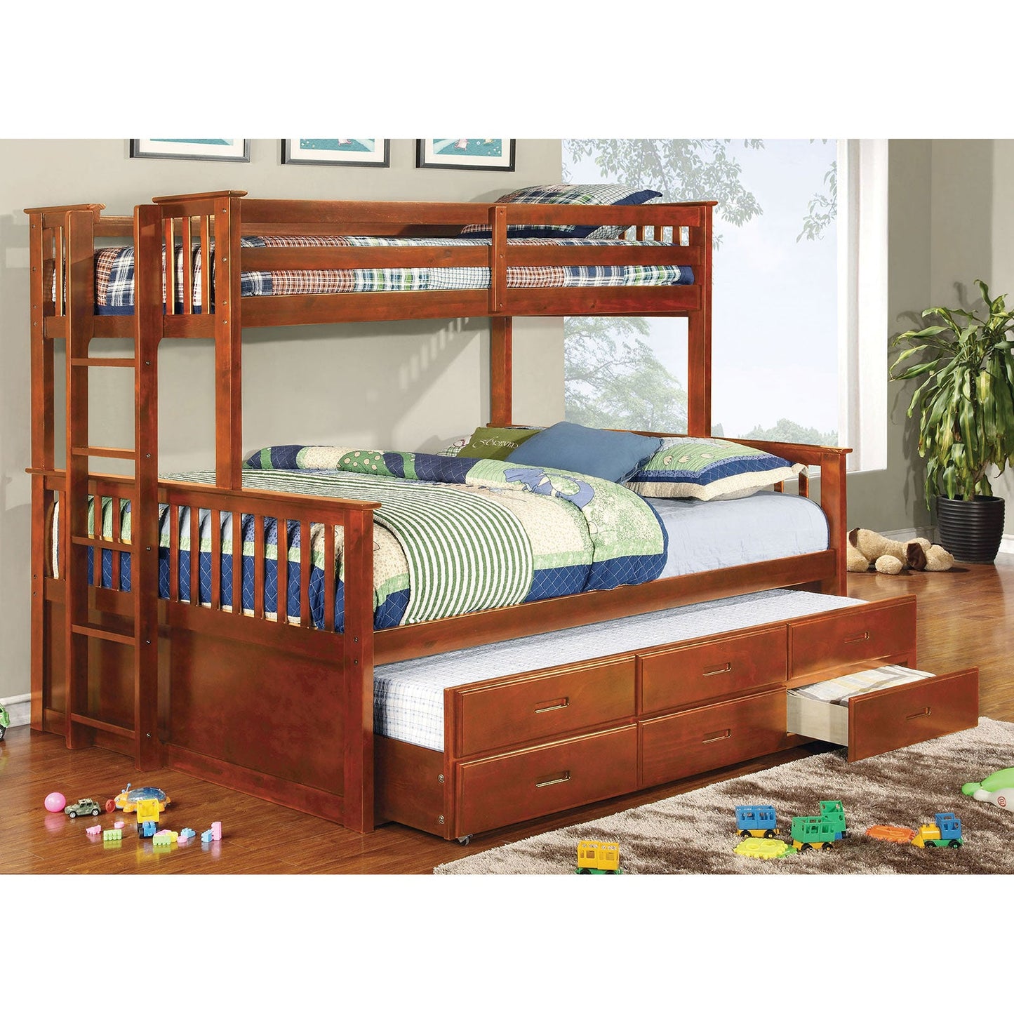 UNIVERSITY Oak Twin/Queen Bunk Bed + Trundle - ATL FURNITURE