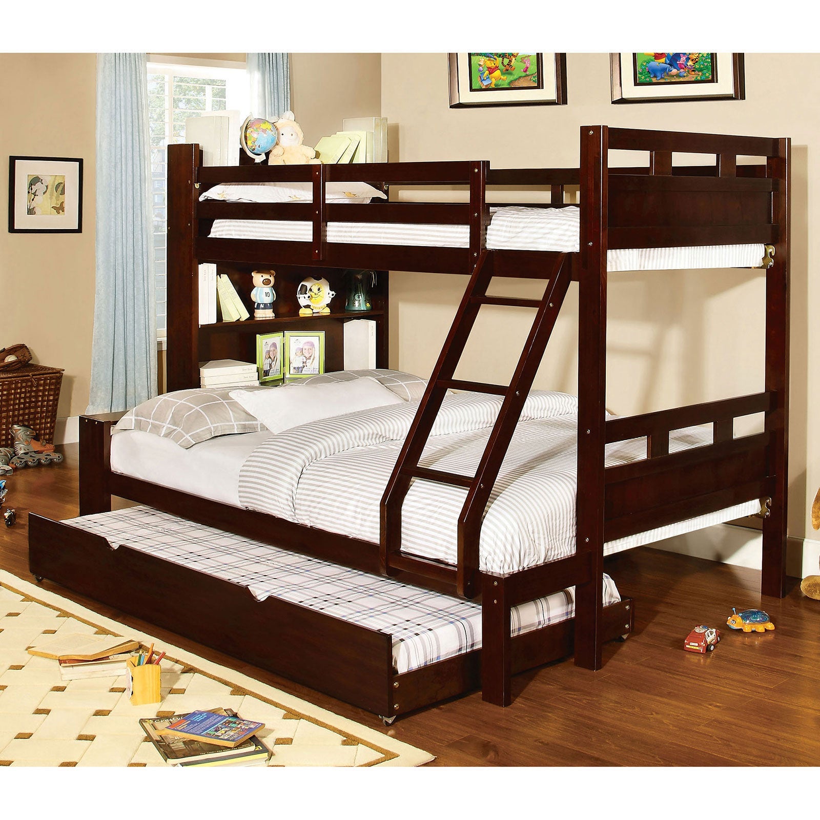 Fairfield Dark Walnut Twin/Full Bunk Bed w/ Book Shelf - ATL FURNITURE