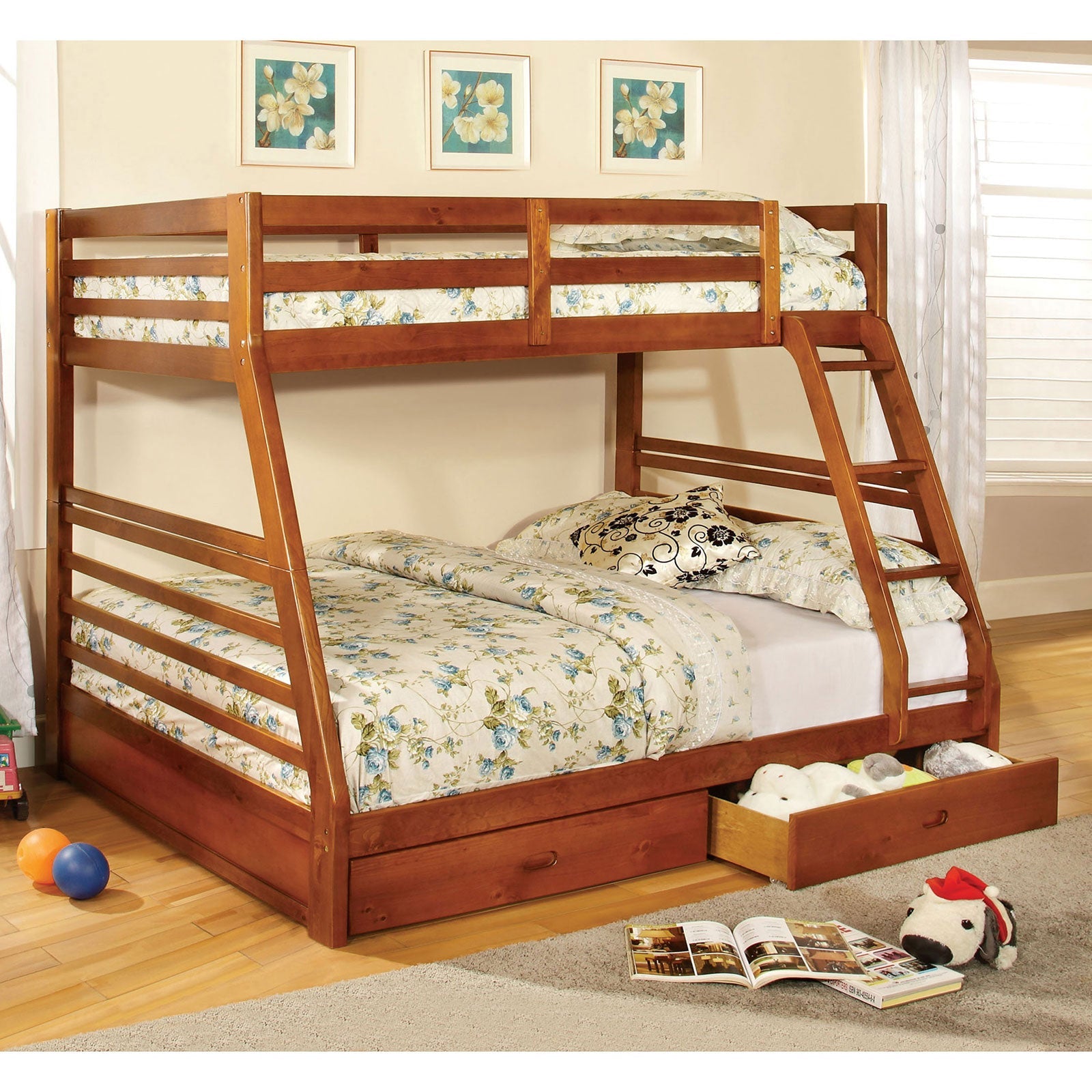 California III Oak Twin/Full Bunk Bed w/ 2 Drawers - ATL FURNITURE