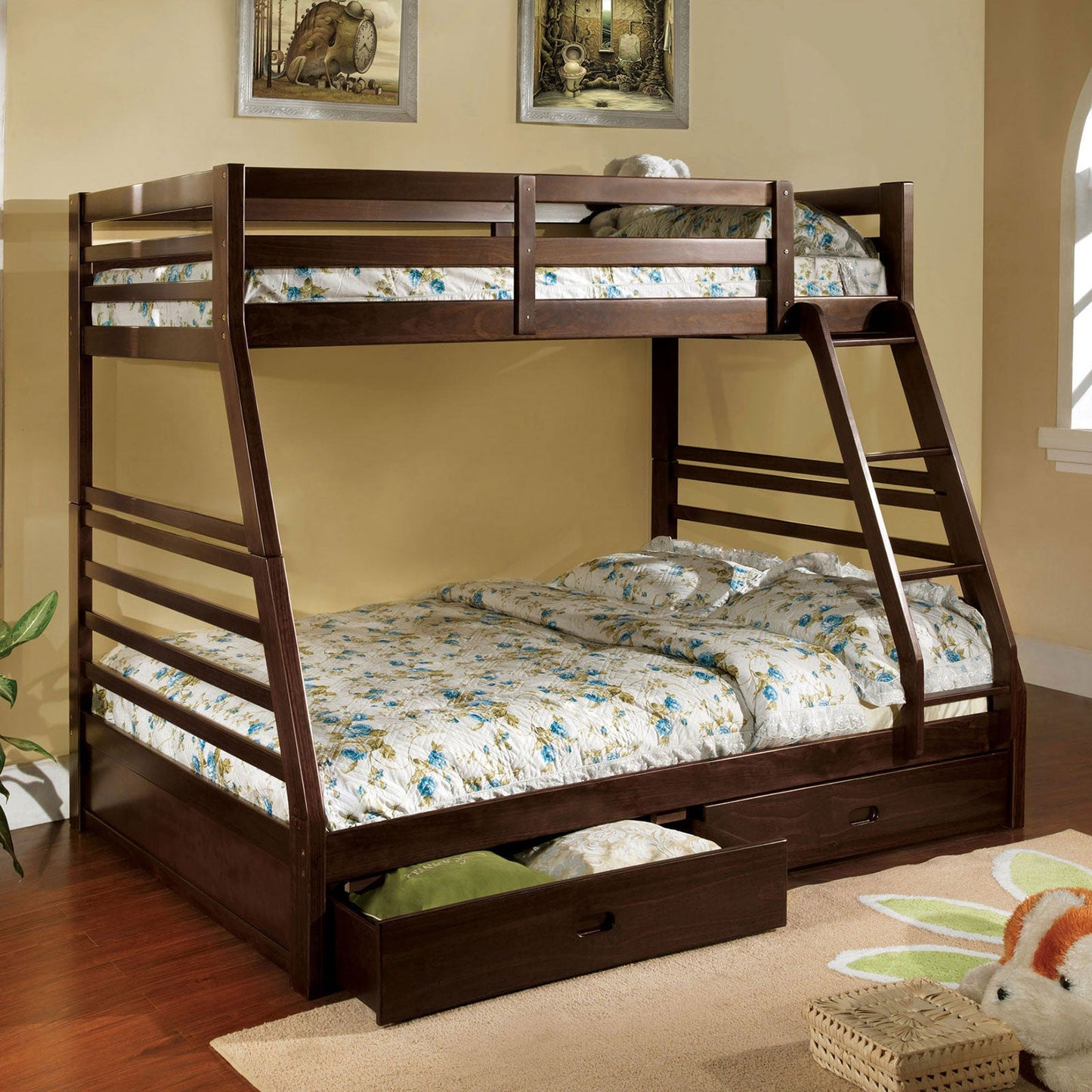 California III Dark Walnut Twin/Full Bunk Bed w/ 2 Drawers - ATL FURNITURE