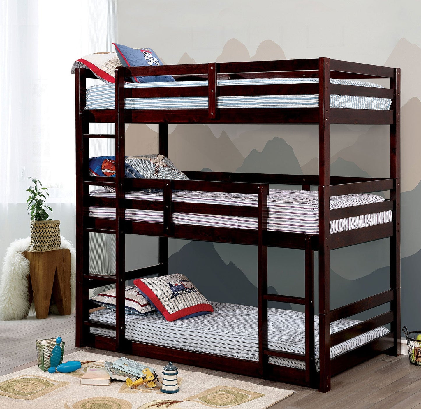 California V Dark Walnut Twin/Twin/Twin Bunk Bed - ATL FURNITURE