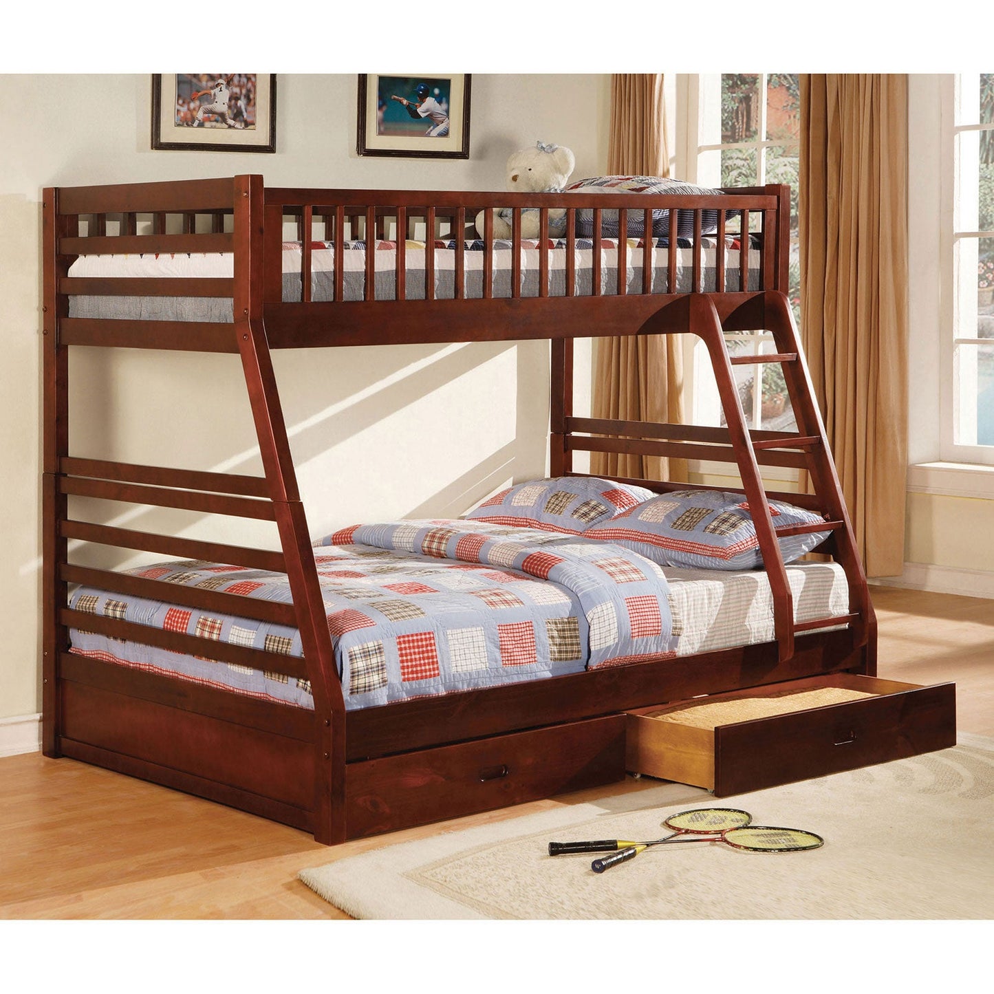 California II Cherry Twin/Full Bunk Bed w/ 2 Drawers - ATL FURNITURE