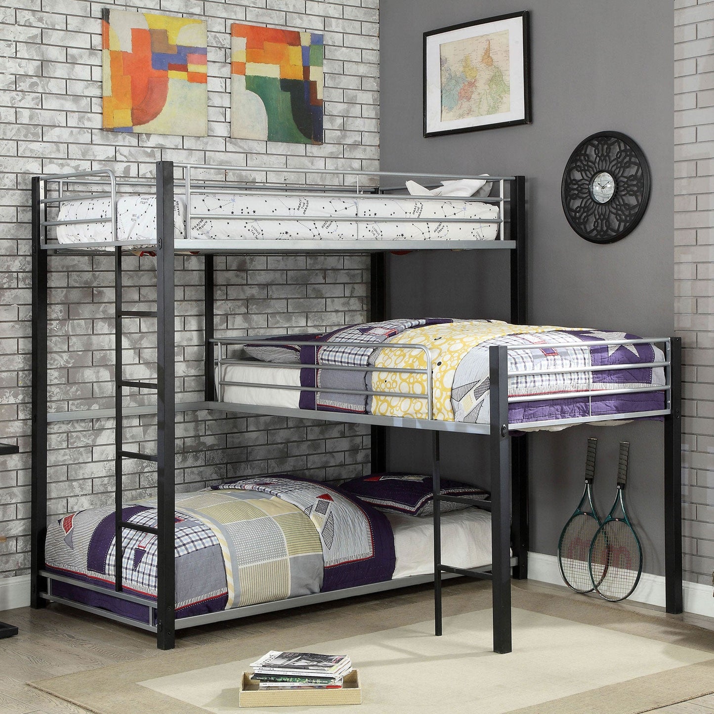 Aubrey Sand Black Twin Triple Decker Bed - ATL FURNITURE
