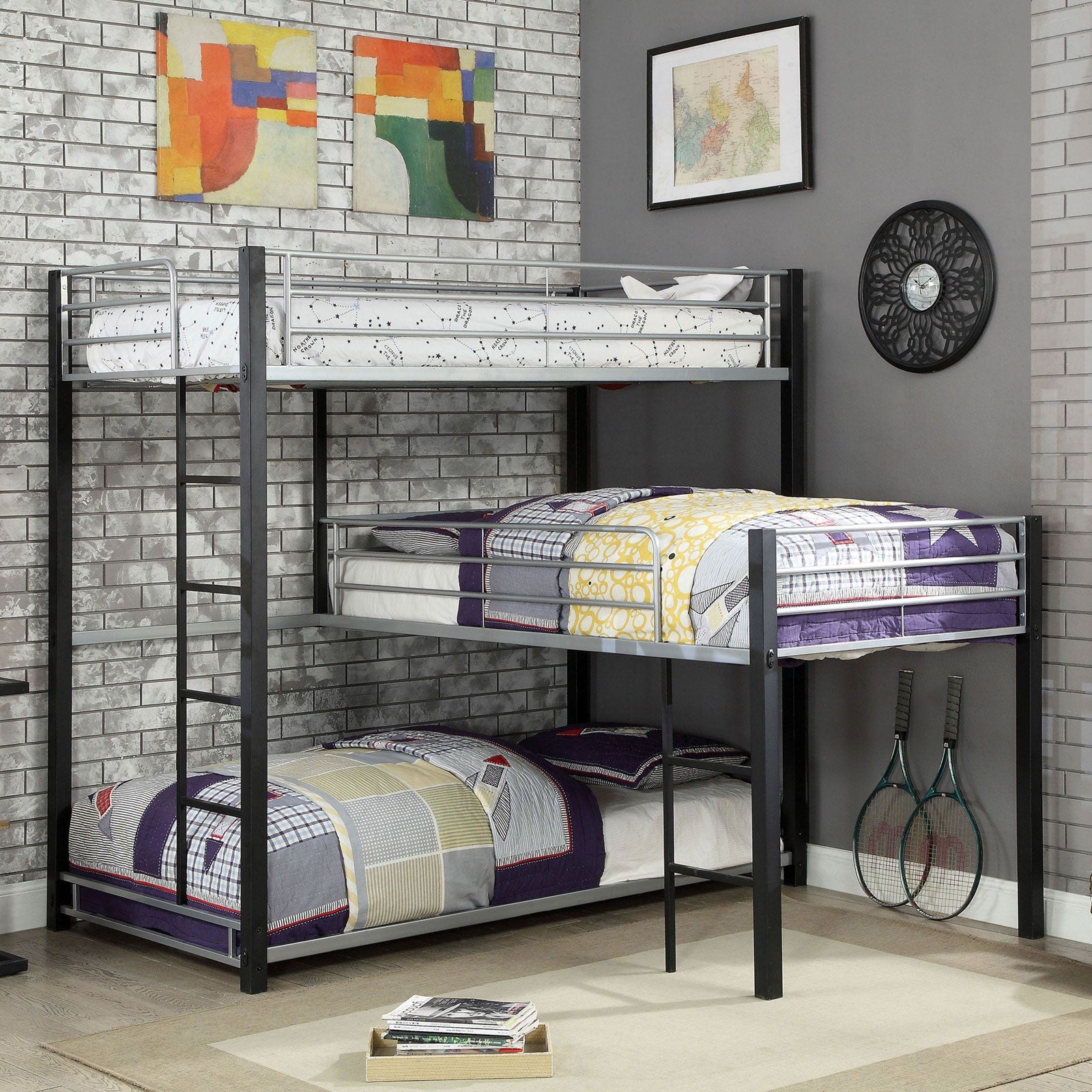 Aubrey Sand Black Twin Triple Decker Bed - ATL FURNITURE