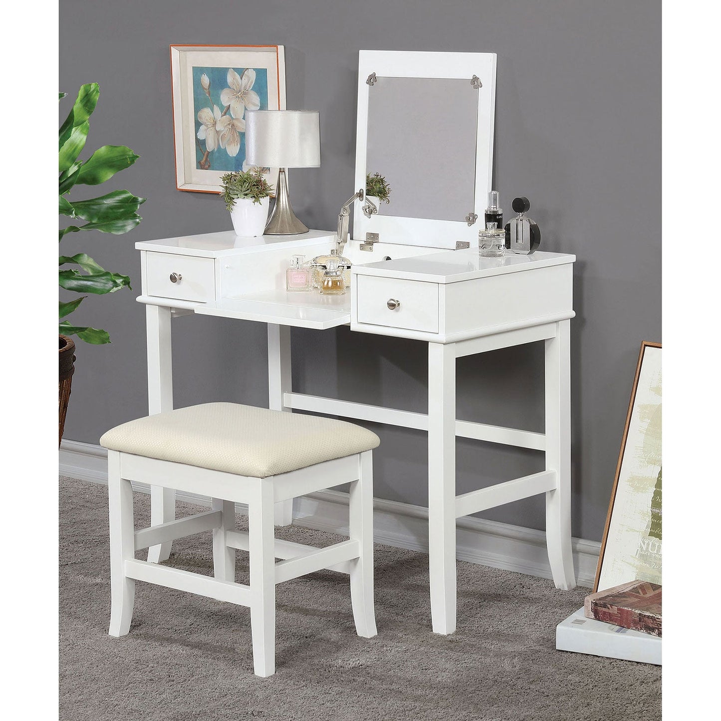 Kelis White Vanity w/ Stool - ATL FURNITURE