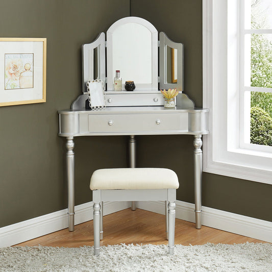 Kasey Silver Vanity w/ Stool - ATL FURNITURE