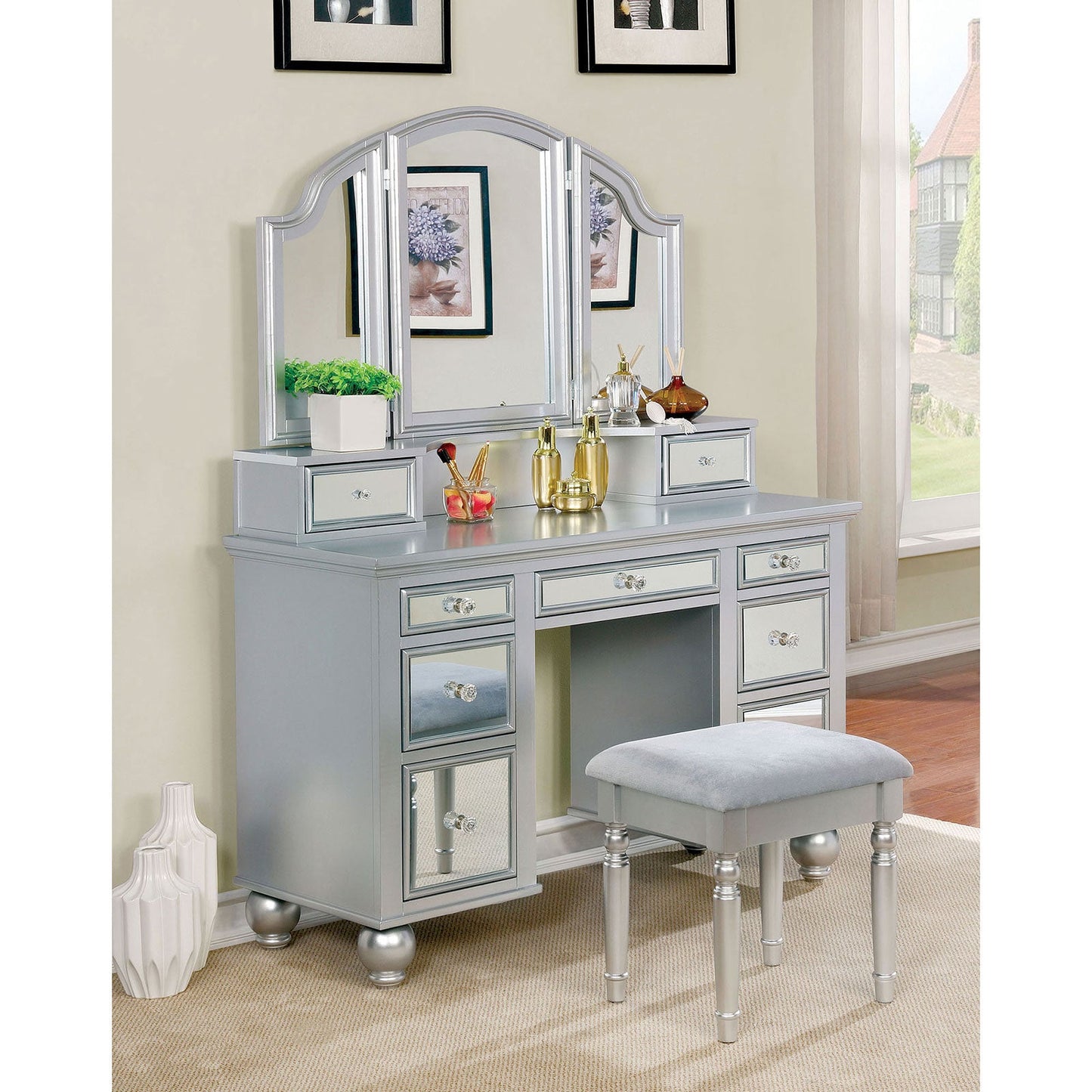 TRACY Silver Vanity w/ Stool - ATL FURNITURE