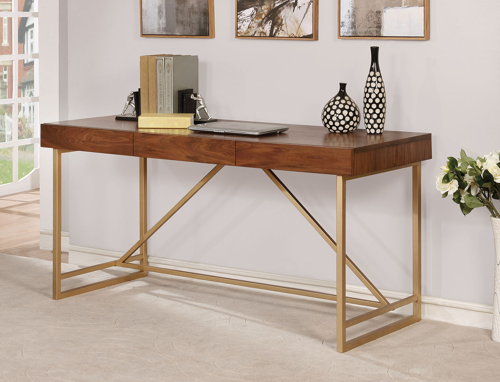 Halstein Light Walnut/Gold Desk - ATL FURNITURE