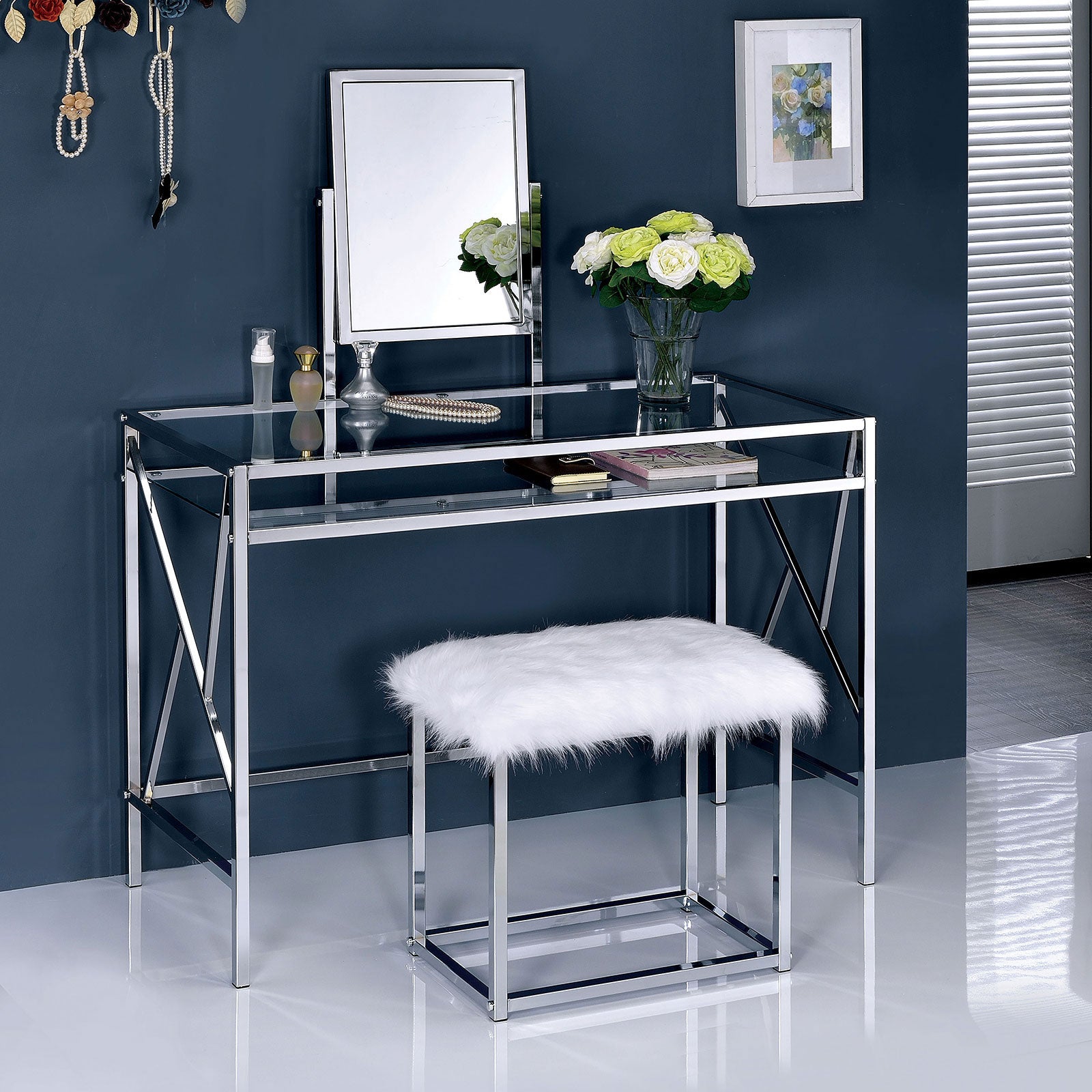 LISMORE Chrome Vanity w/ Stool - ATL FURNITURE