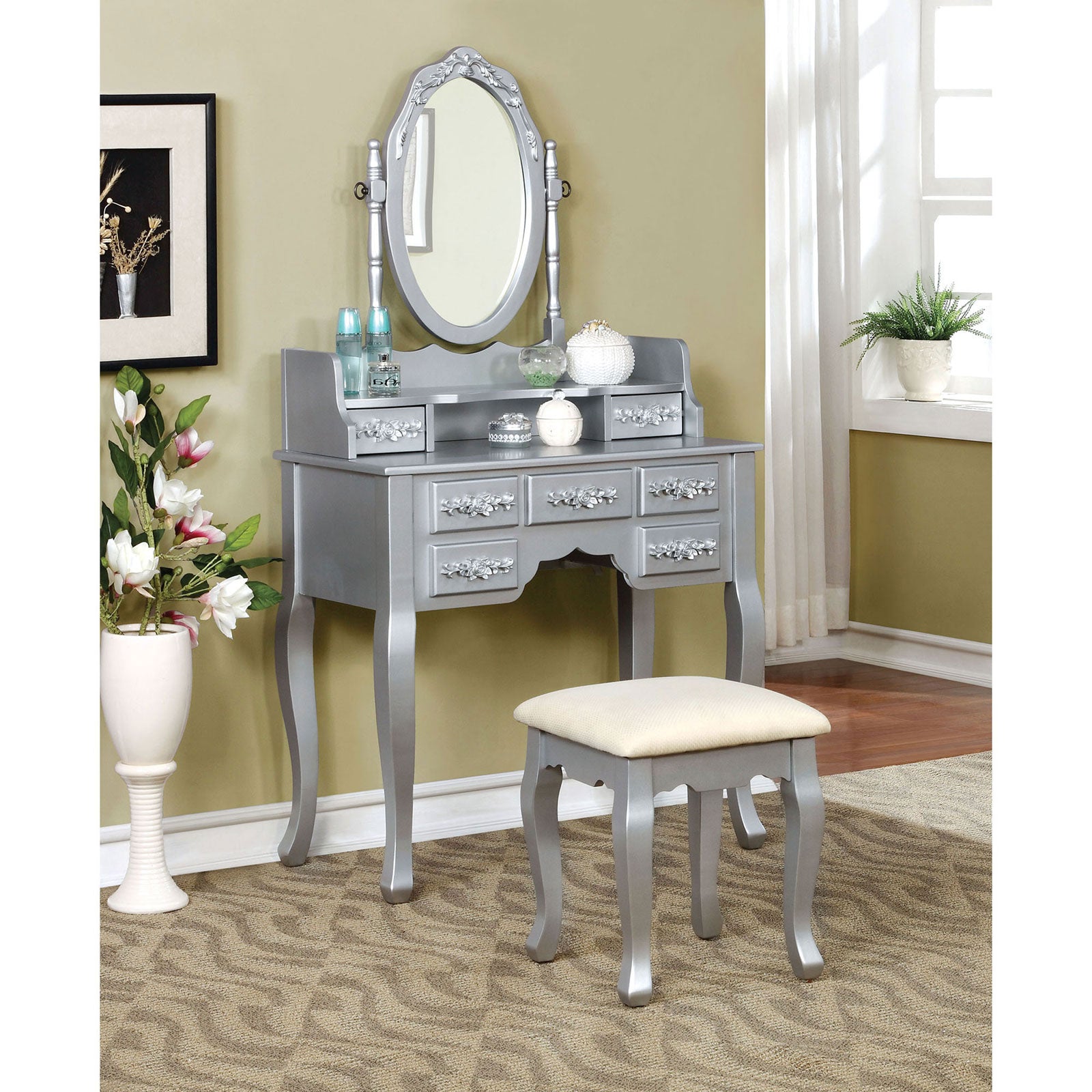 Harriet Silver Vanity w/ Stool - ATL FURNITURE