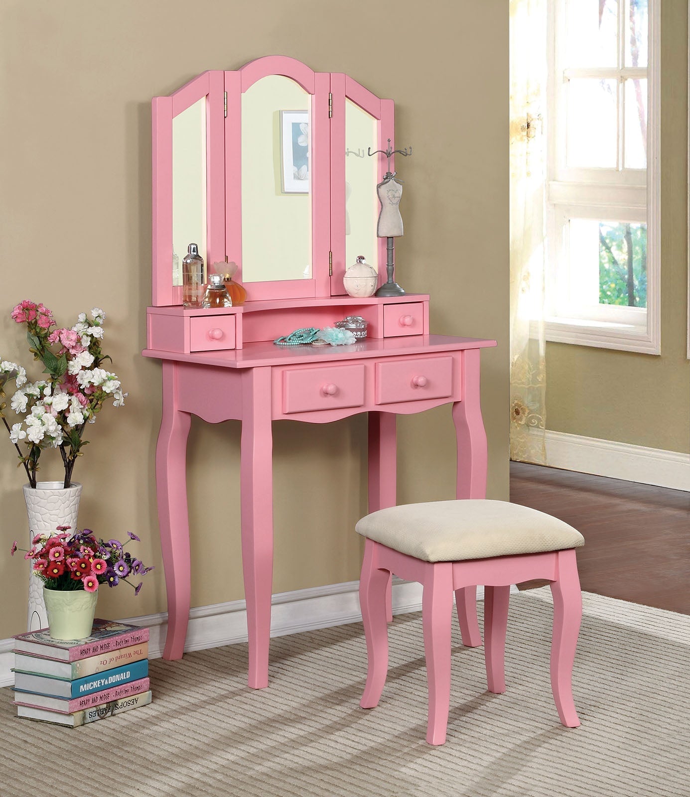 Janelle Pink Vanity w/ Stool - ATL FURNITURE