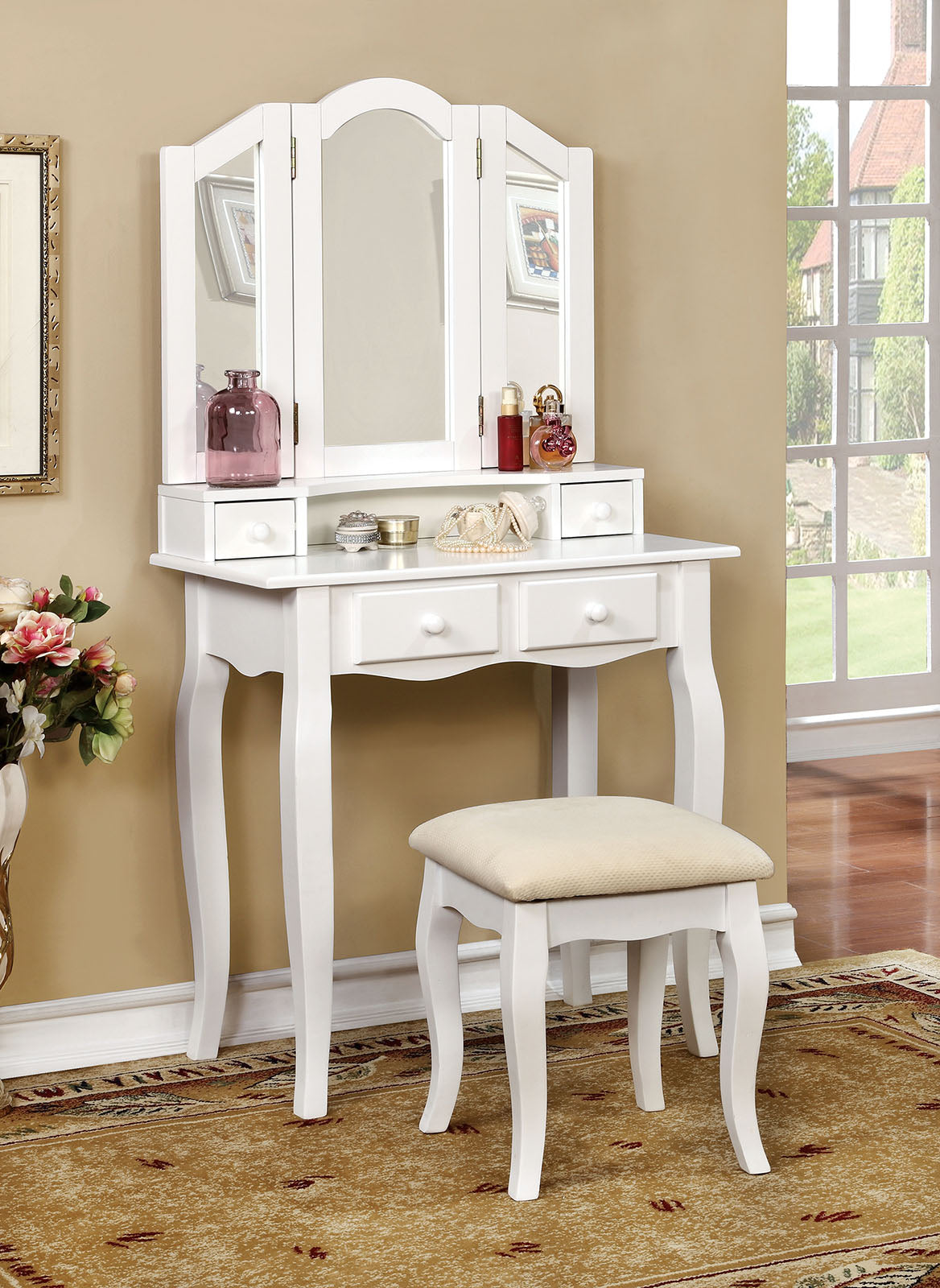 Janelle White Vanity w/ Stool - ATL FURNITURE