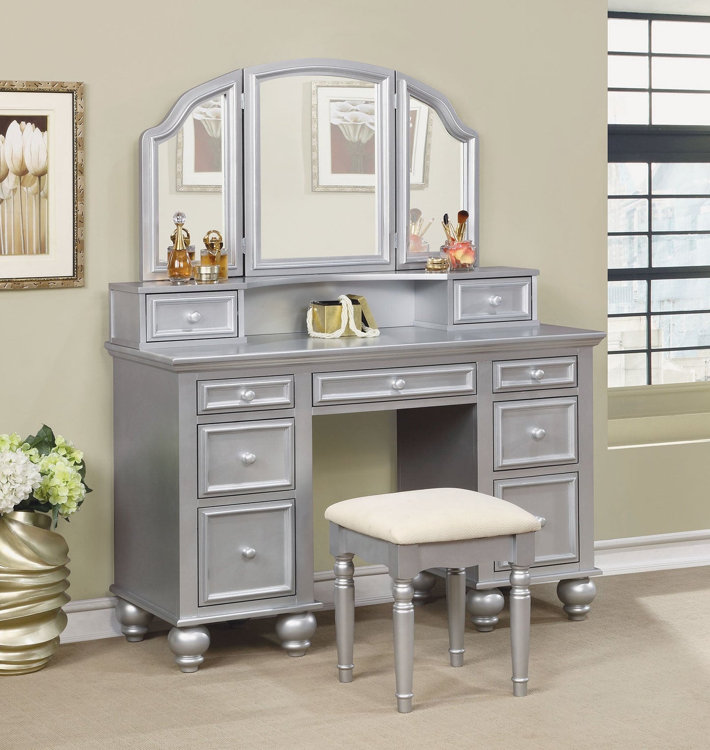 ATHY Silver Vanity w/ Stool - ATL FURNITURE