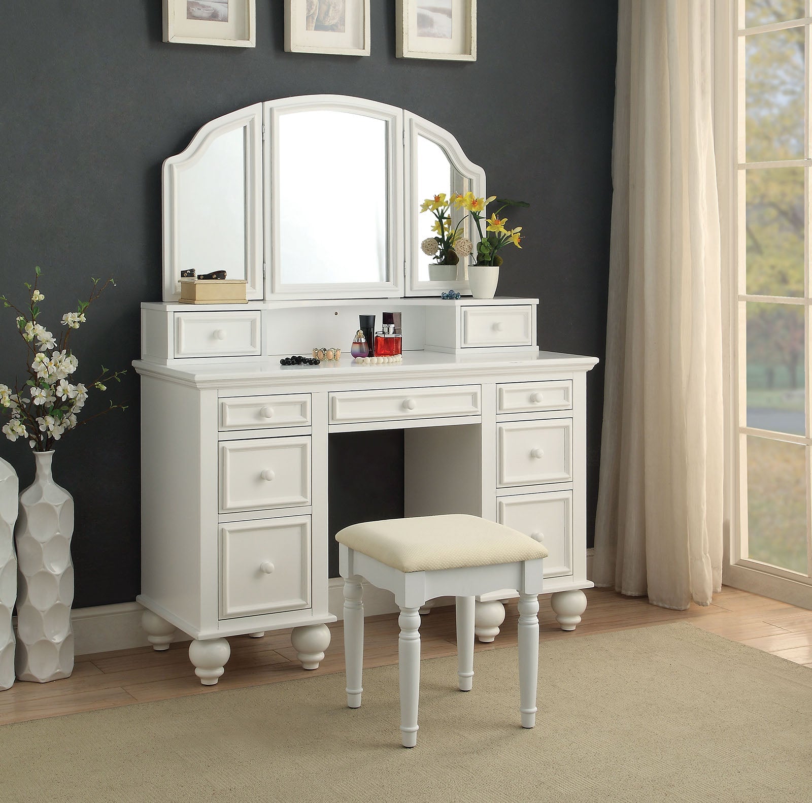 ATHY White Vanity w/ Stool - ATL FURNITURE