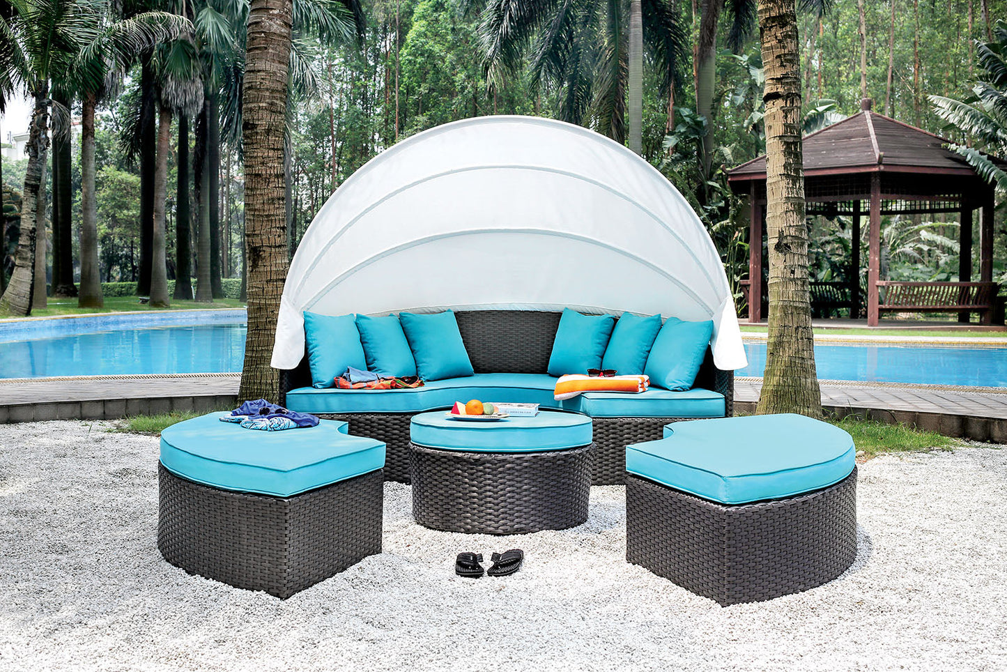 ARIA Light Brown Wicker/White Awning/Turquoise Cushion Patio Canopy Daybed - ATL FURNITURE