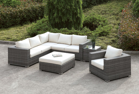 Somani Light Gray Wicker/Ivory Cushion L-Sectional + Chair + Coffee Table + End Table - ATL FURNITURE