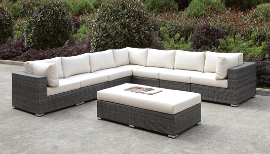 Somani Light Gray Wicker/Ivory Cushion Large L-Sectional + Bench - ATL FURNITURE